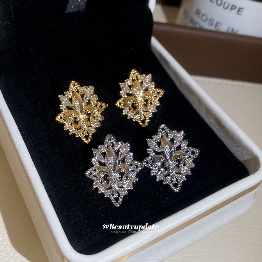 Pendientes de Cobre con Forma de Flor de Iris Vintage con Incrustaciones de Diamantes de Imitación y Postes de Acero Inoxidable para Mujer