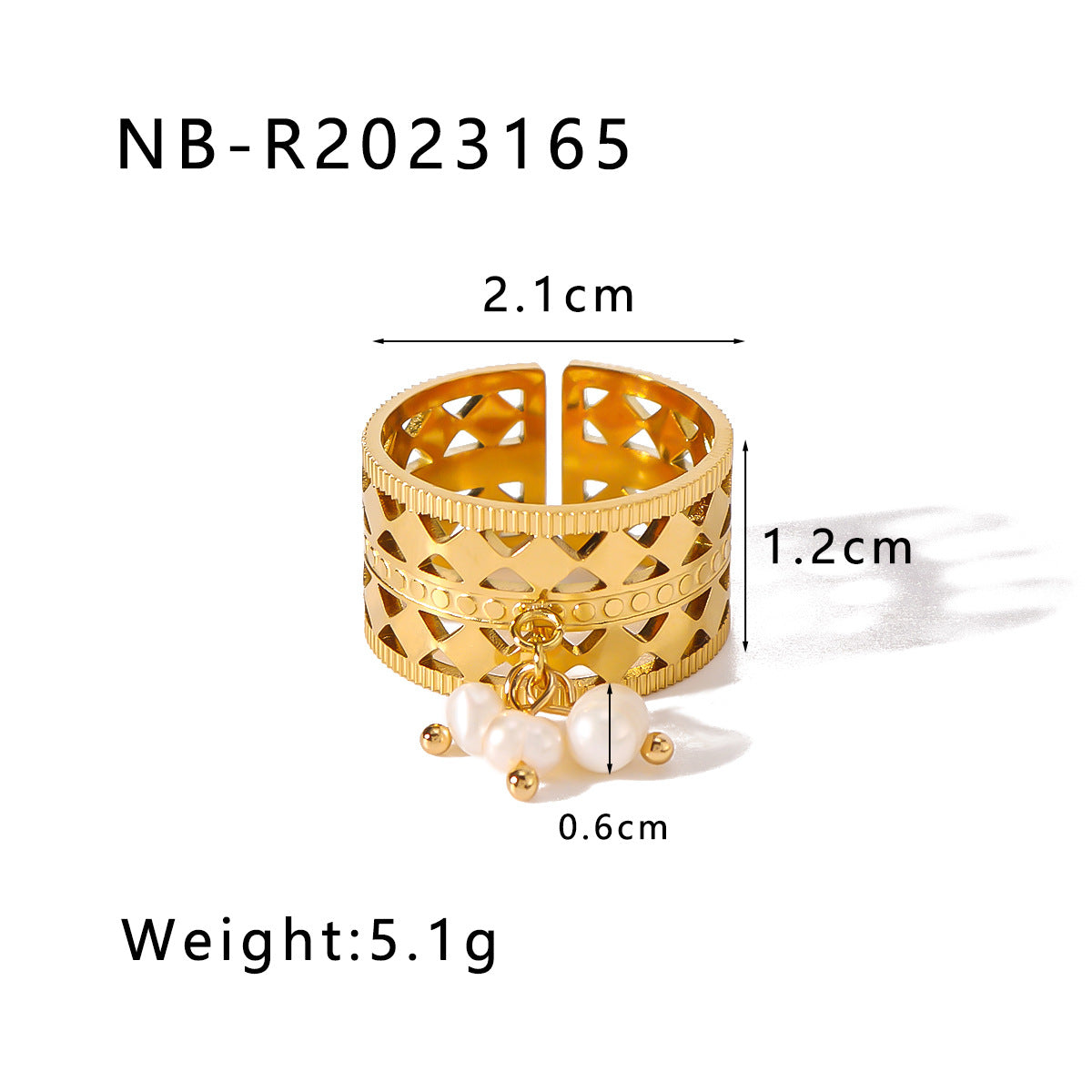 Vintage French Style Geometric Pearl Pendant Stainless Steel Ring with 18K Gold Plating Adjustable Opening Design
