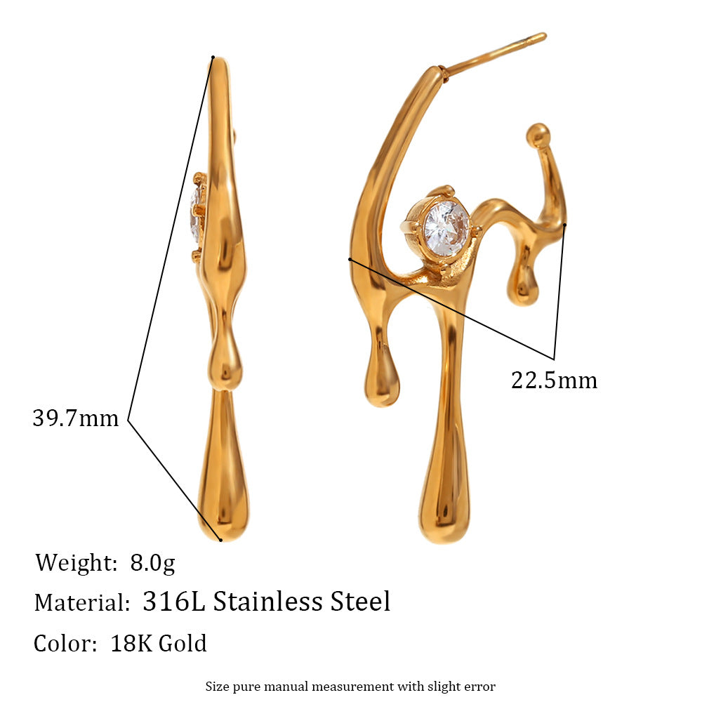 Vintage-Style Irregular Geometric Liquid Drop Earrings in Stainless Steel with 18K Gold Plating and Micro-Paved Zirconia