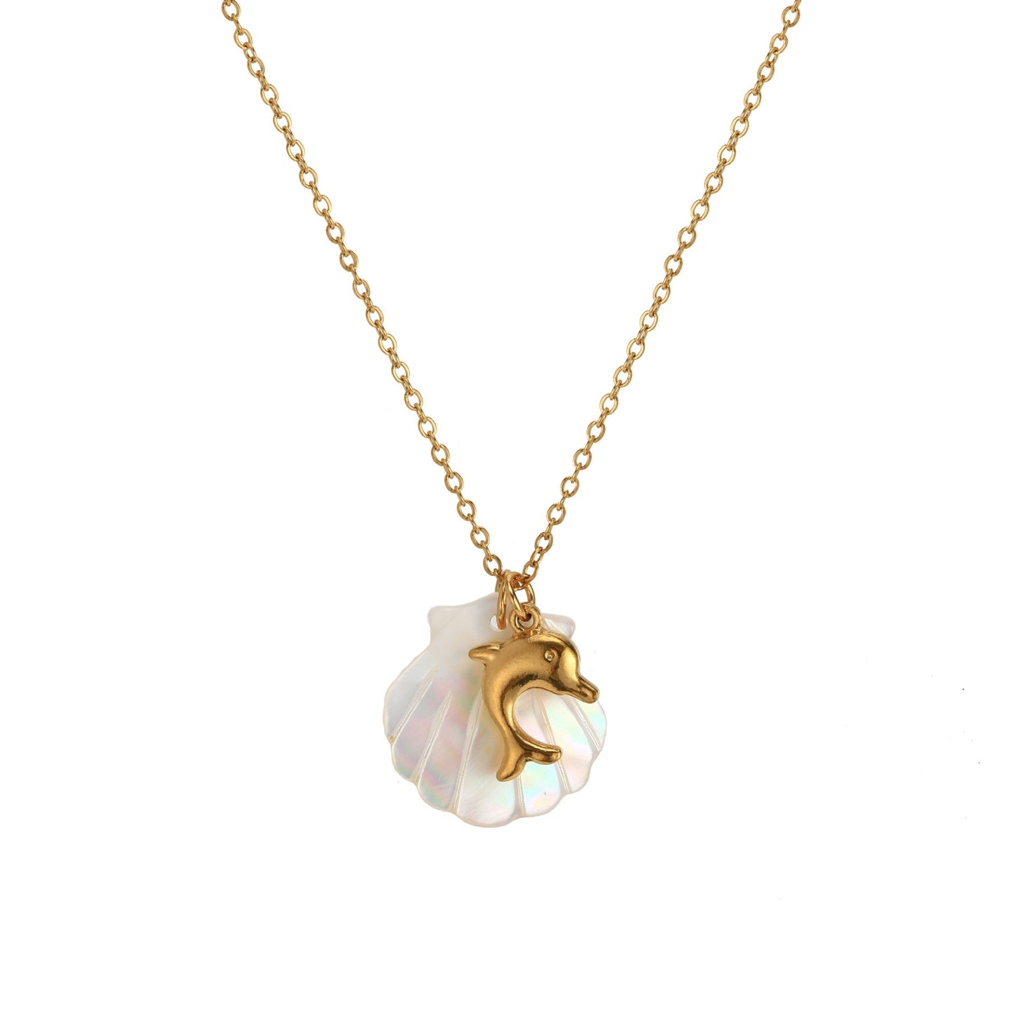 18K Gold Plated Stainless Steel Starfish Conch Shell Charm Bar Necklace Cable Chain Unisex Summer Beach Jewelry