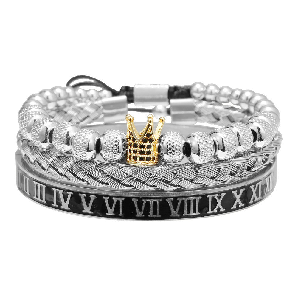 Personalized Double Leopard Head Black Agate Micro-set Cubic Zirconia Brass Stainless Steel Bracelet Set