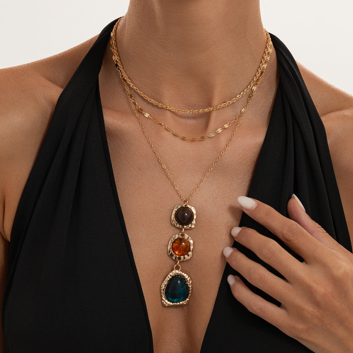 Elegant Geometric Square Resin Gemstone Pendant Necklace Plated Alloy Layered Cable Chain for Women