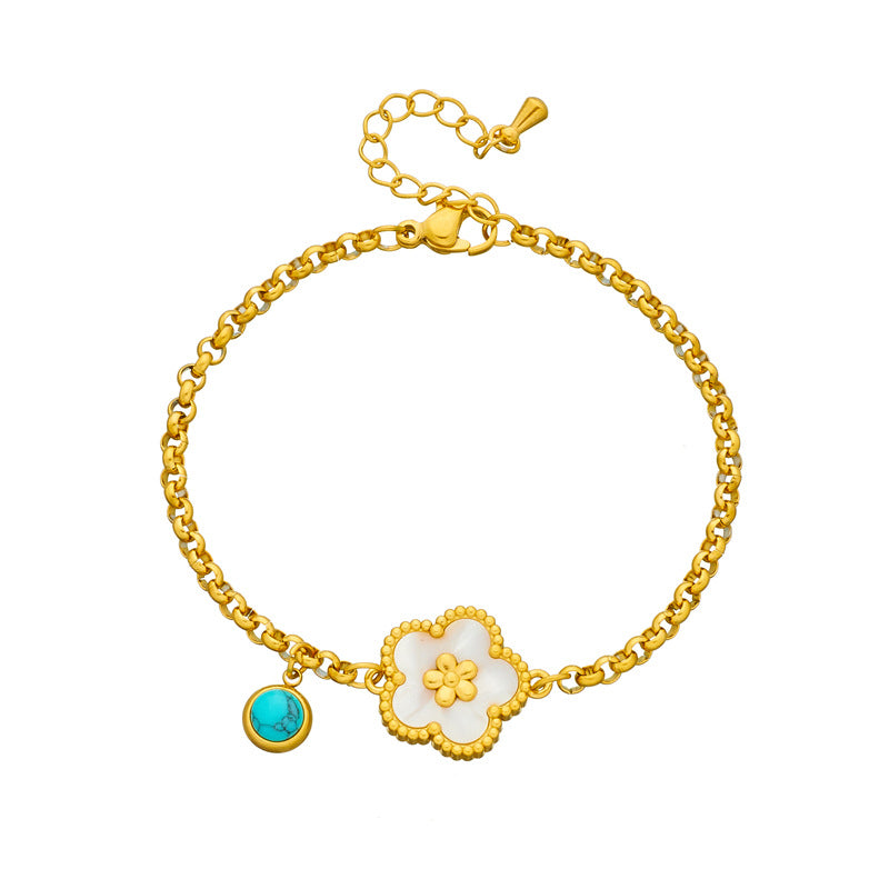 Vintage-Inspired Floral Five-Petal Flower Turquoise Shell Bracelet with Gold-Plated Stainless Steel Chain