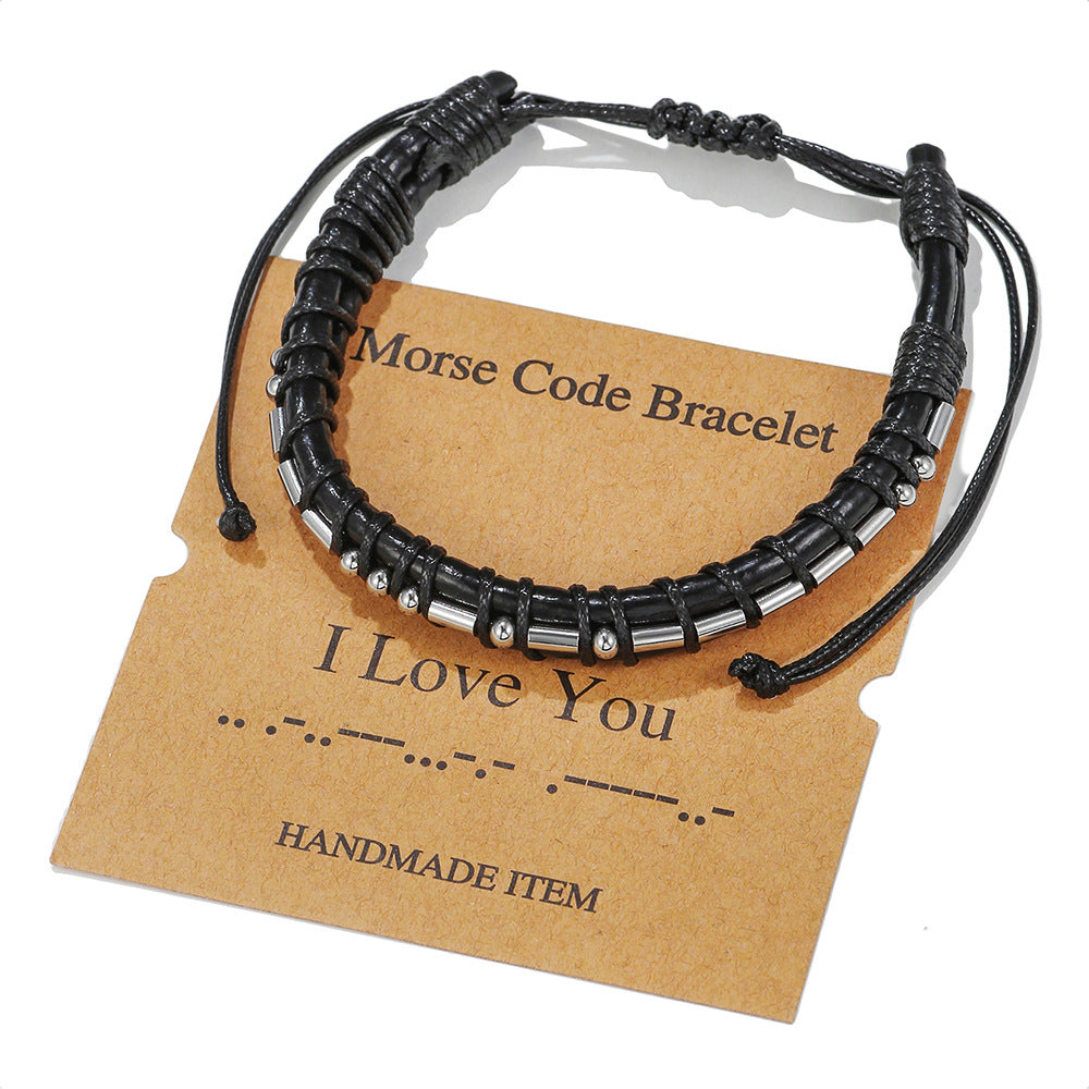 Morse Code Letter Number Stainless Steel Leather Bracelet Unisex