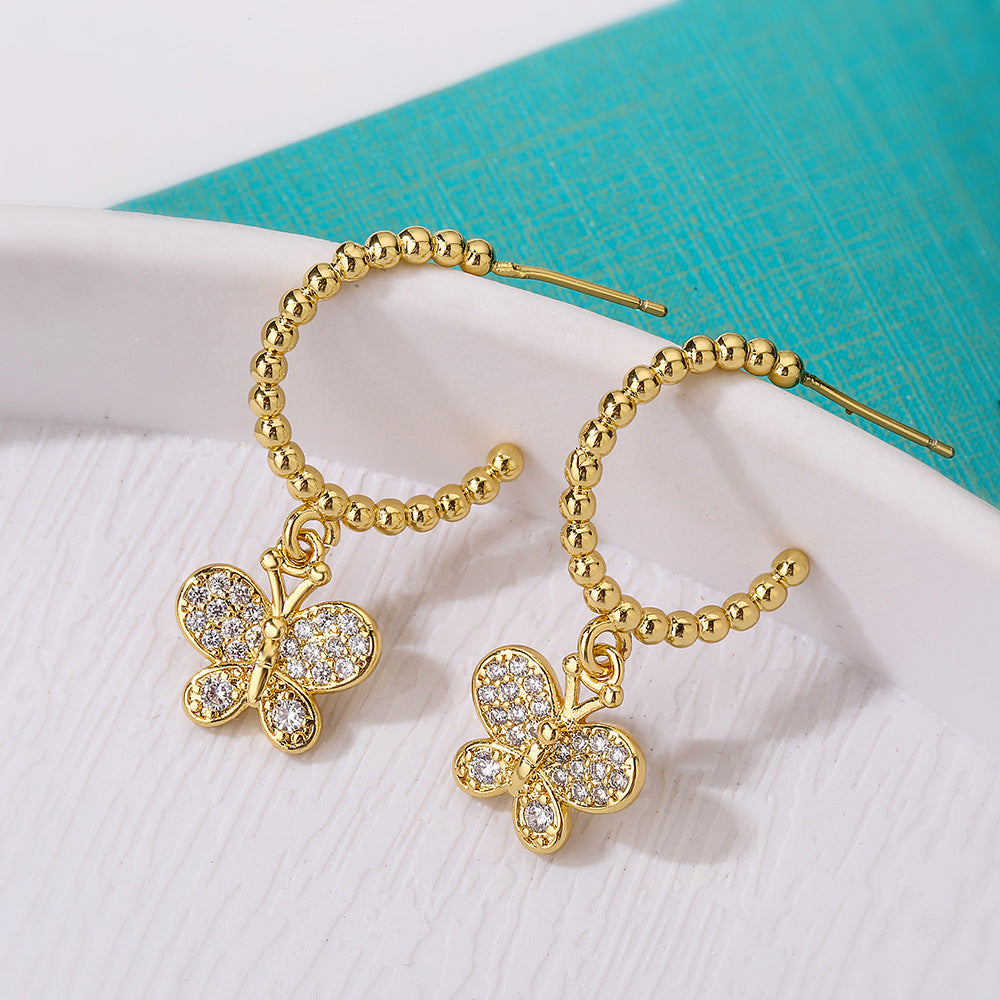 Minimalist Butterfly and Star-Shaped Copper Earrings with Real Gold Plating and Zircon Inlay for Women