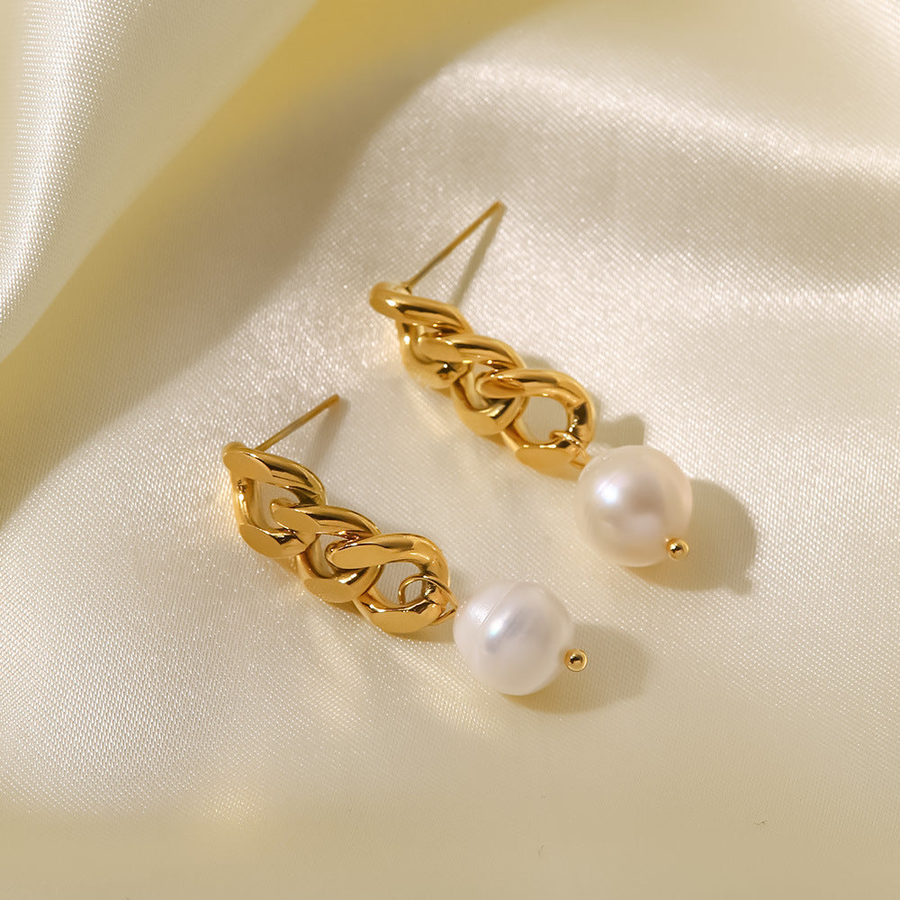 Geometric Baroque Pearl Dangle Earrings with 18K Gold Plated Stainless Steel Cuban Chain for Women