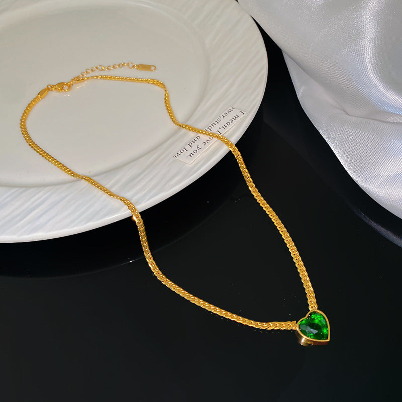 Luxury Heart Geometric Stainless Steel Plated Necklace with Green Gemstone for Women
