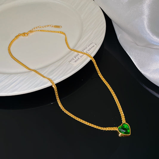 Luxury Heart Geometric Stainless Steel Plated Necklace with Green Gemstone for Women