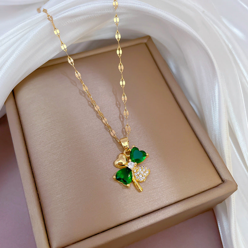 Luxury Minimalist Sweet Pavé Zircon Green Gemstone Four-Petal Flower Necklace in Titanium Steel with Gold Plating