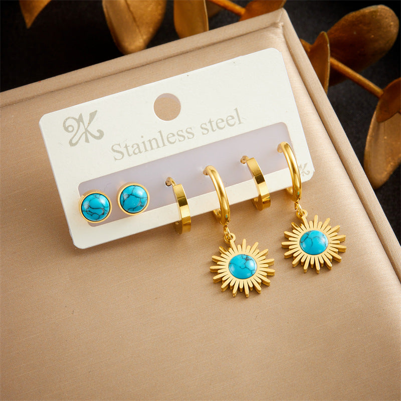 Vintage Fashion Round Turquoise Pendant Necklace Set Stainless Steel Earrings