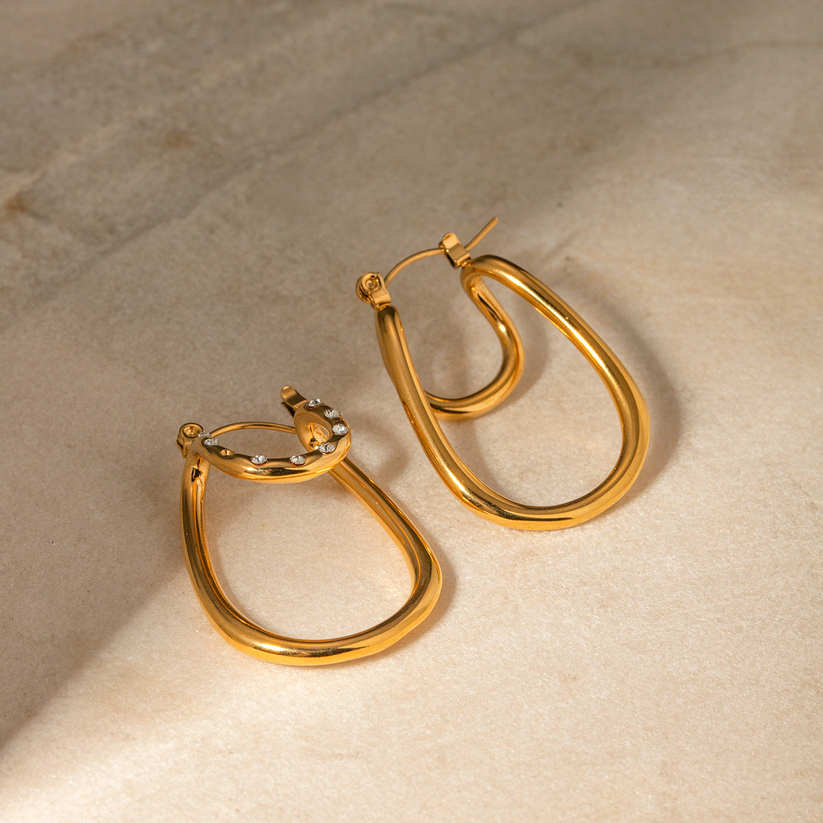 Luxury Ins Style 18K Gold Plated Stainless Steel White Rhinestone Double Layer Curved Geometric Earrings for Women