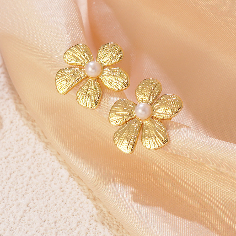 Luxury Floral Stainless Steel Stud Earrings with Pearl Inlay for Women