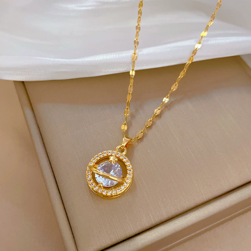 Collana con ciondolo geometrico di lusso da donna in acciaio inossidabile con strass catena girocollo in acciaio al titanio