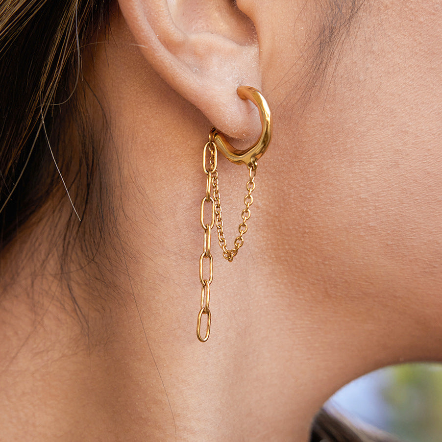 Pendientes enhebradores minimalistas de acero inoxidable geométricos con cadena colgante, acabado de lujo chapado en oro PVD