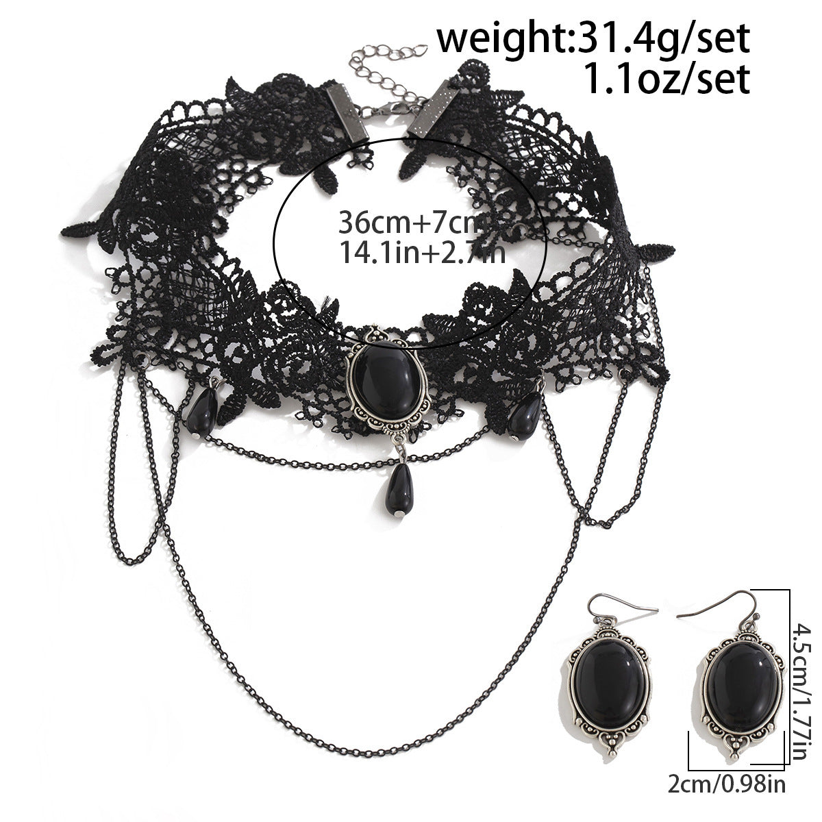 Gargantilla gótica de encaje estilo oscuro con colgante de lágrima de cristal negro y borlas para mujer