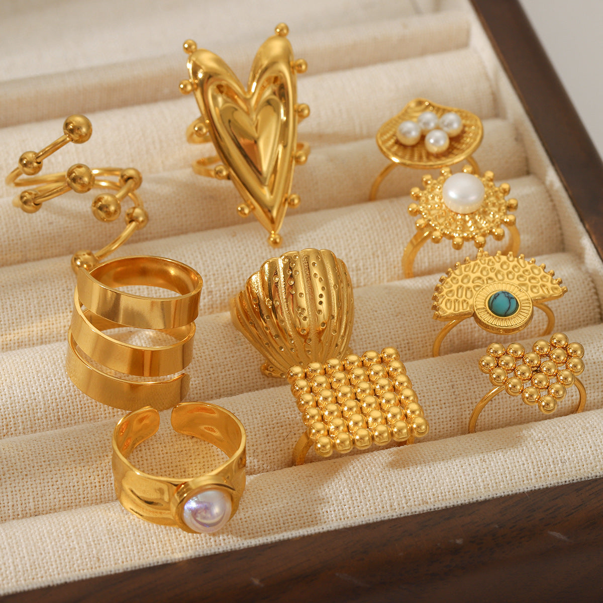 Anello aperto geometrico da donna stile Instagram in acciaio inossidabile con intarsio in perla e conchiglia e finitura placcata