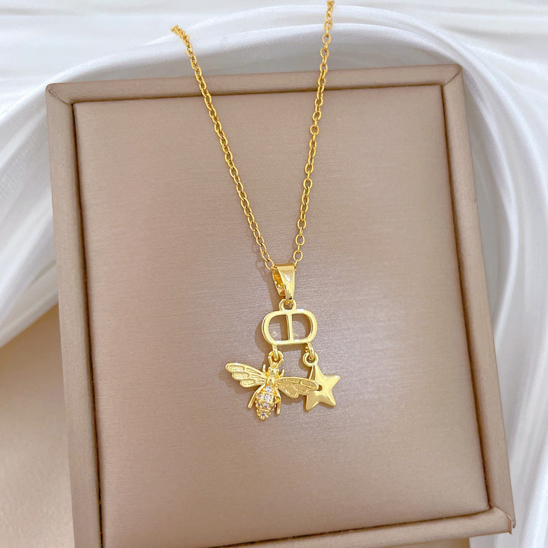 Sweet Minimalist Star Bee Rhinestone Pendant Titanium Steel Necklace for Unisex