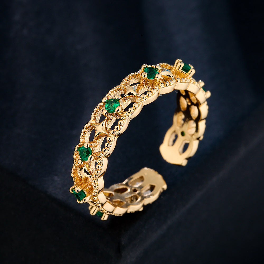 Vintage Minimalist Geometric Copper Ring with 18K Gold Plating and Micro-Paved Green Zirconia for Women