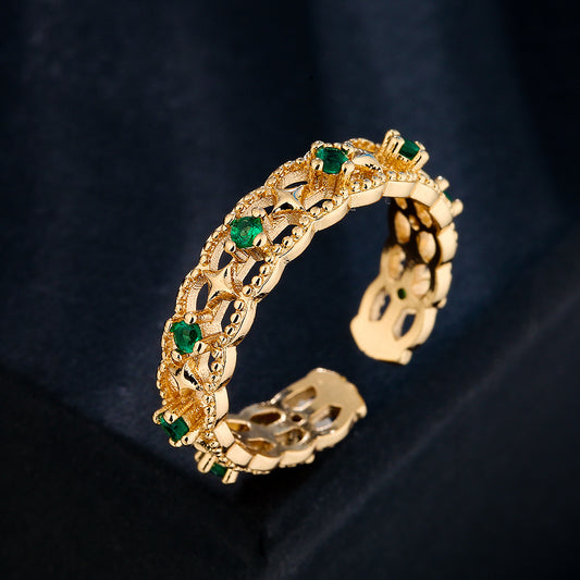 Anillo de Cobre Geométrico Minimalista Vintage con Baño de Oro de 18K y Circonita Verde Microincrustada para Mujer