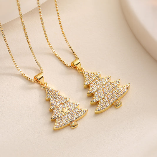 Minimalist Geometric Christmas Tree Pendant Necklace for Women with Copper Base and 18K Gold Plating, Zircon Inlay, Delicate Clavicle Chain