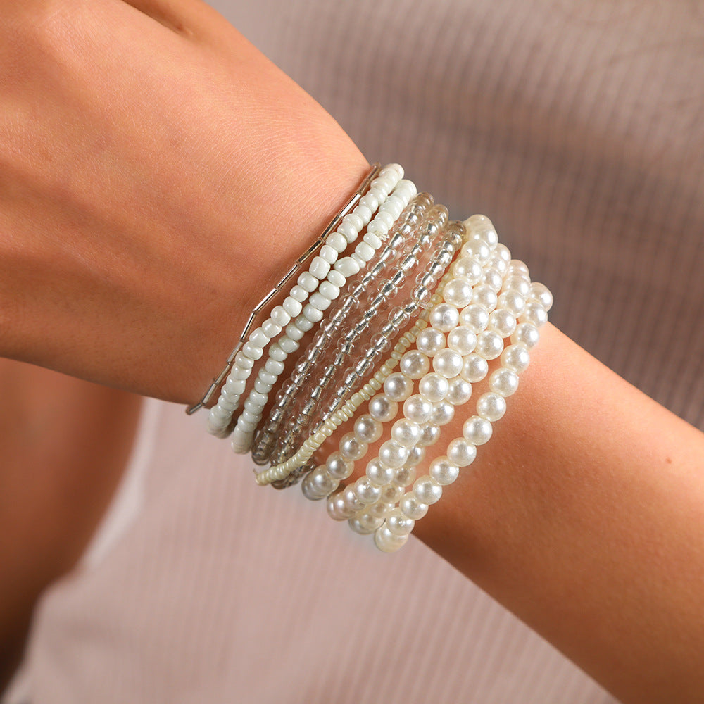 Geometric Multi-Layer Pearl Beaded Bracelet Set