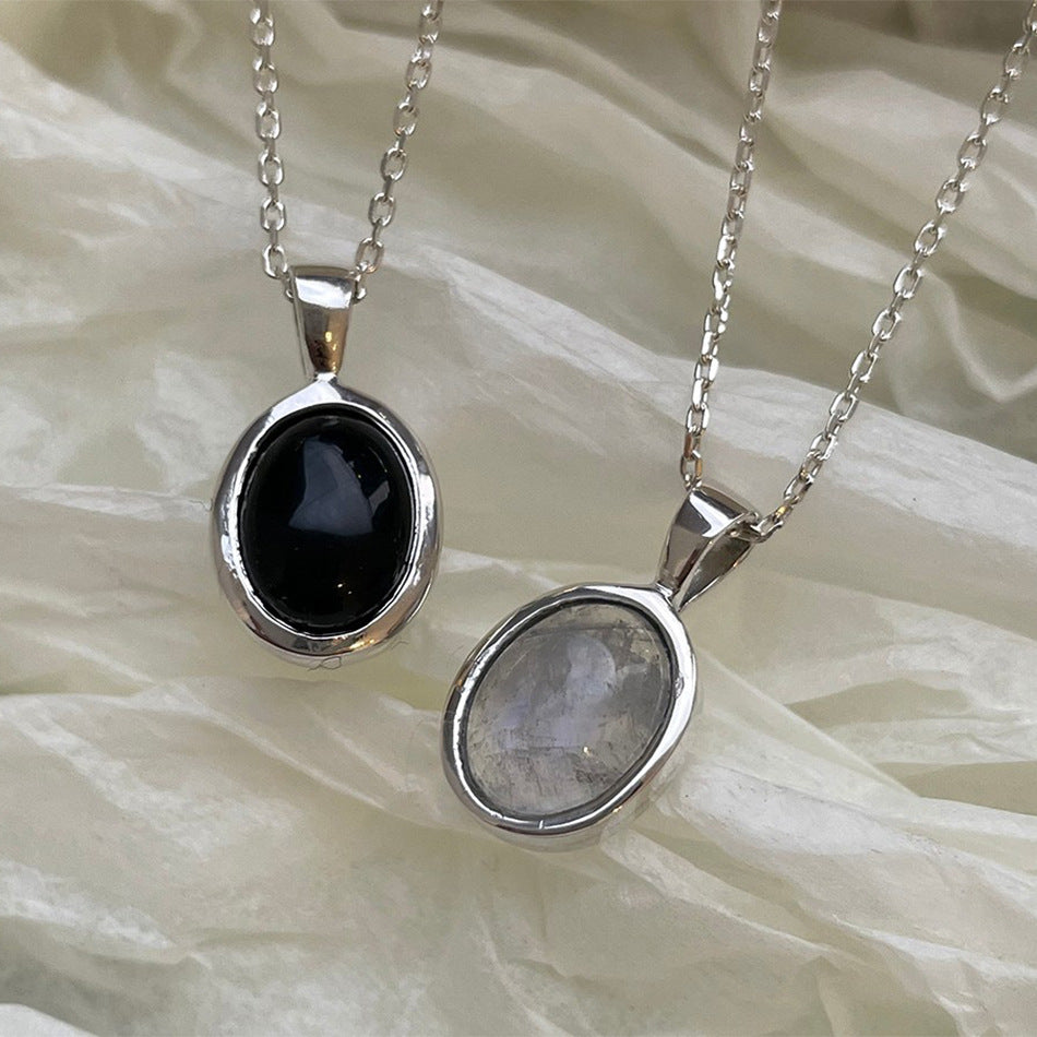 Minimalist Geometric Cat's Eye Stone Pendant Necklace in 925 Sterling Silver with Oval Link Chain