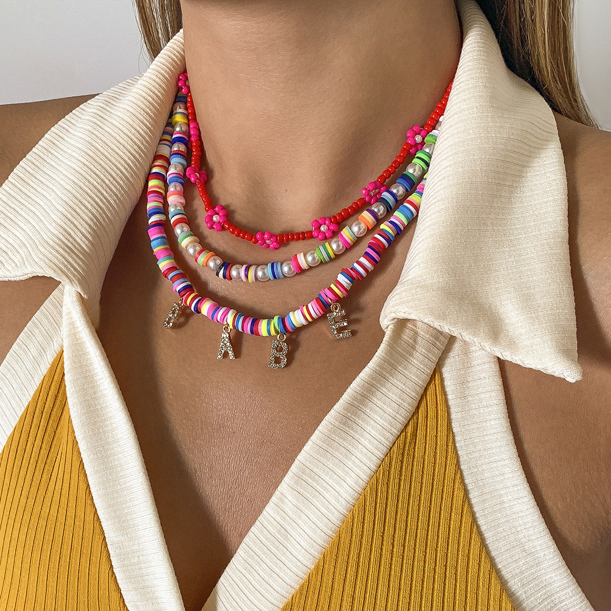 Vintage Ethnic Geometric Letter Resin Necklace with Rhinestone Pearl Inlay PVD Plated Alloy Pendant Floral Design
