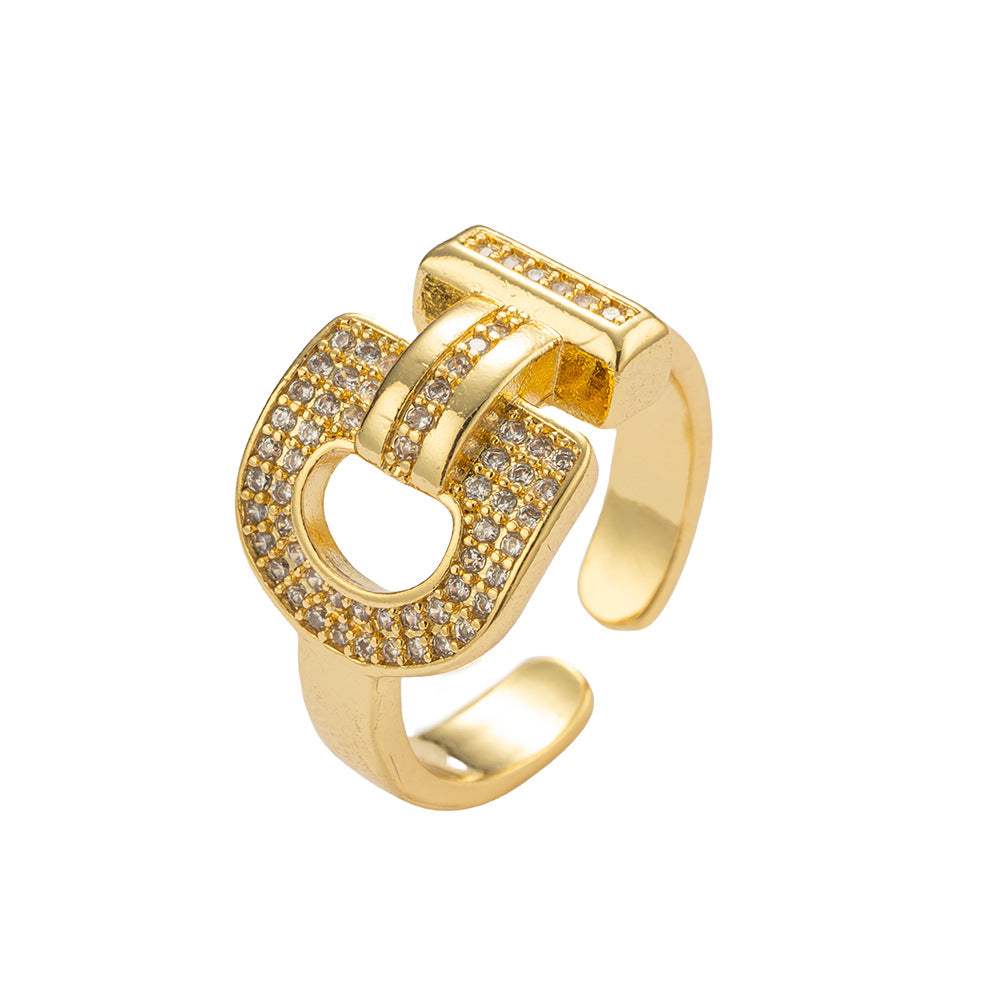 Luxury Geometric Horse-Shoe Snap Ring for Women with Gold Plated Copper and Crystal Inlay