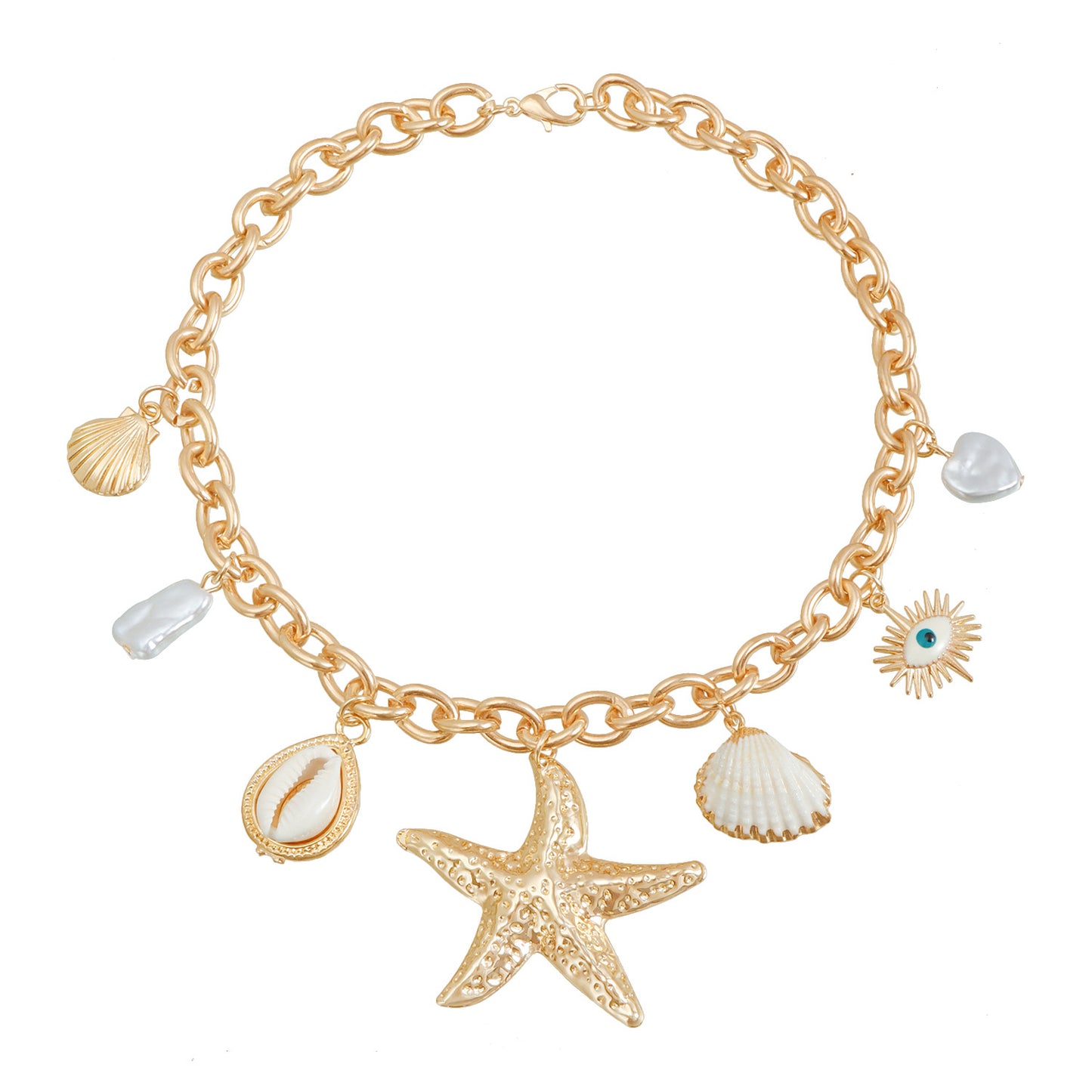 Collana con ciondolo minimalista a stella marina e conchiglia per donna in lega placcata oro con catena clavicola