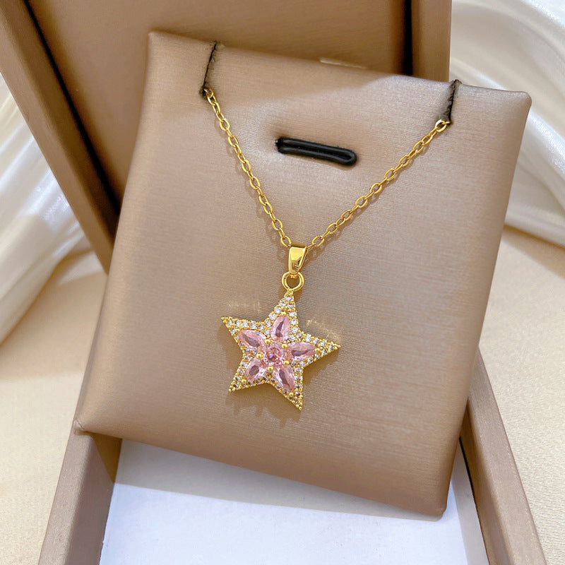 Sweet Minimalist Pink Star Rhinestone Inlay Titanium Steel Necklace for Unisex