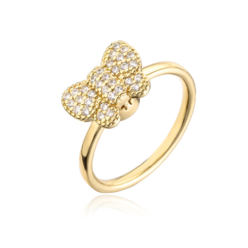 Ins Style Rotatable Butterfly and Floral Shaped Ring in Copper with 18K Gold Plating and Micro-Pavé Zirconia for Women