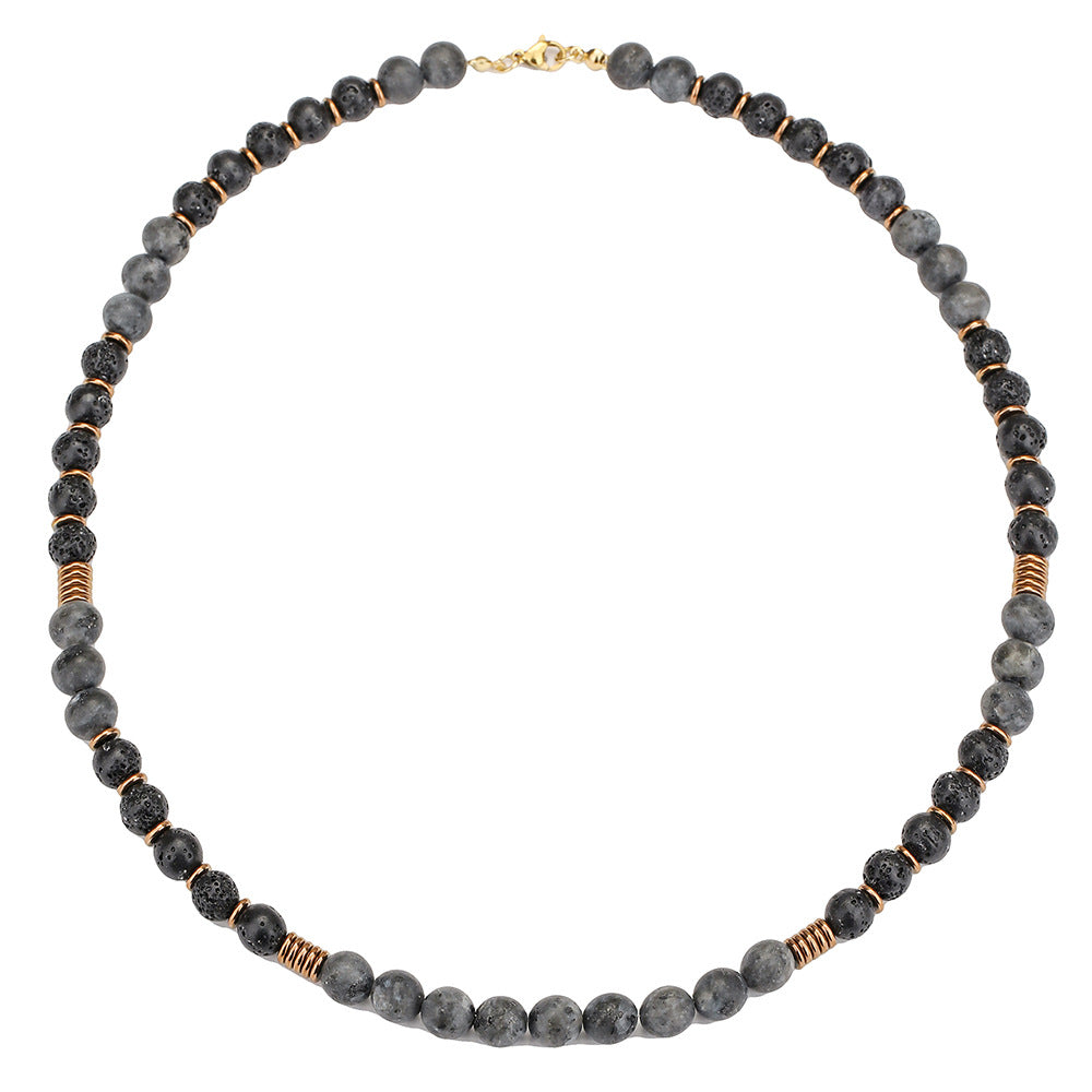 Hip-hop Handmade Geometric Round Volcanic Stone Flash Stone Hematite Beaded Necklace for Unisex with Cable Chain