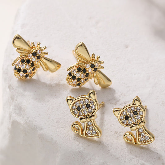 Exquisite 18K Gold Plated Brass Geometric Cat and Bee Stud Earrings with Cubic Zirconia for Women