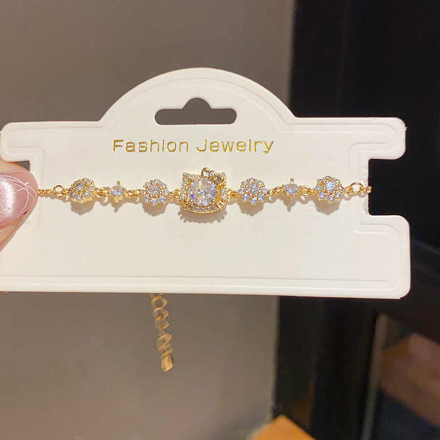 18K Gold Plated Cubic Zirconia Cat Animal Brass Bracelet Vintage Luxury Elegant Women's Jewelry
