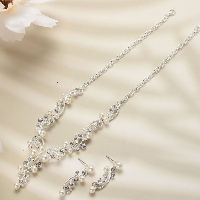 Bohemian Vintage Floral Alloy Plated Pearl Rhinestone Necklace and Earring Set for Women