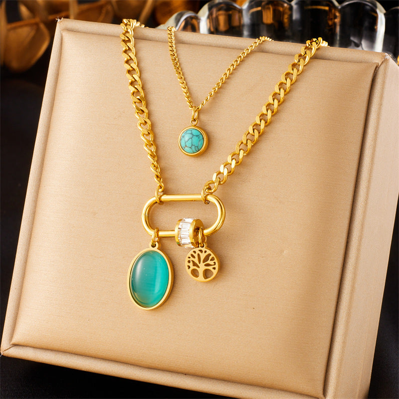 Collana Pendente Quadrata Turchese Minimalista Vintage con Catena Serpente Doppia Strato in Acciaio Inossidabile Placcato Oro