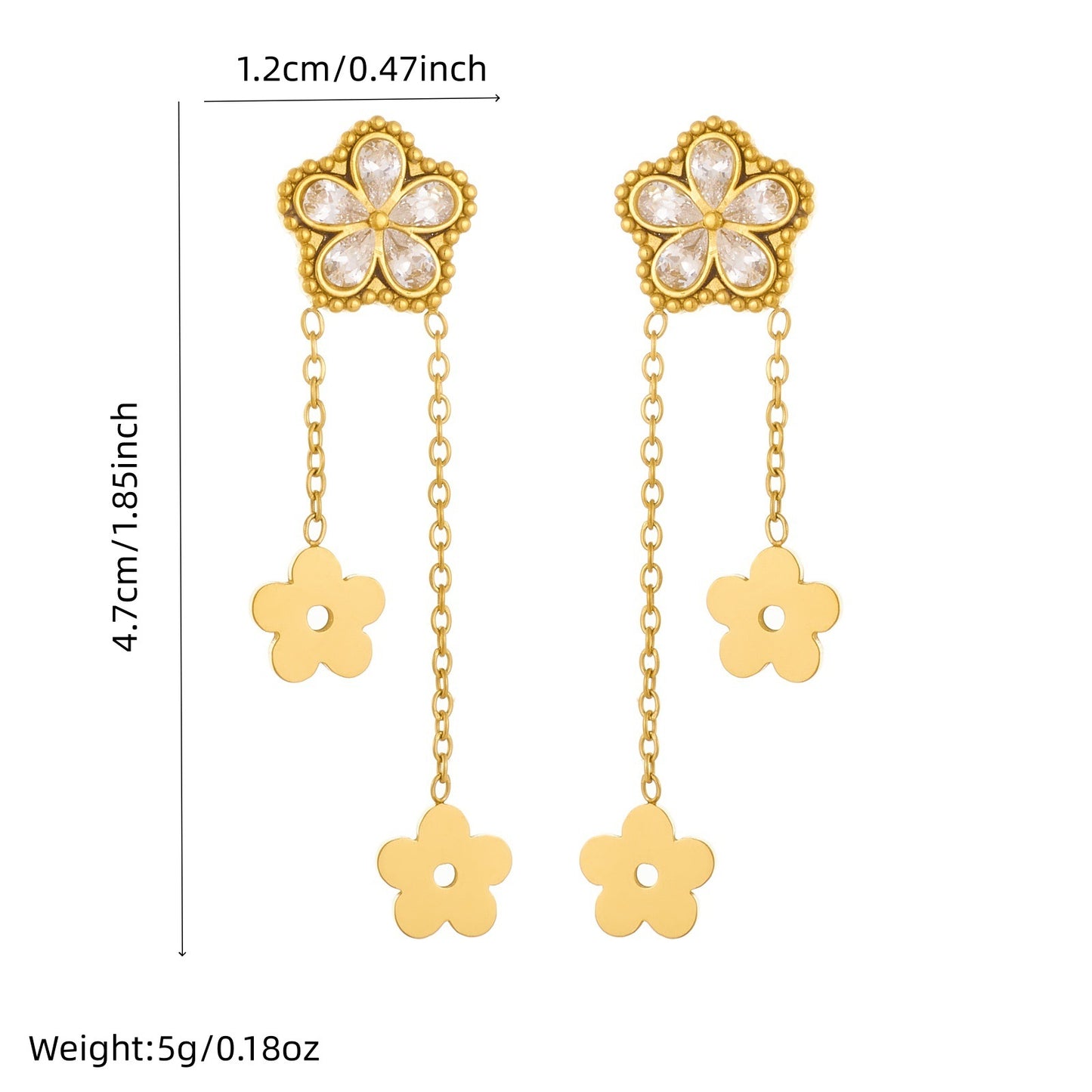 Minimalist Gold Plated Stainless Steel Floral Rhinestone Tassel Drop Earrings for Women
