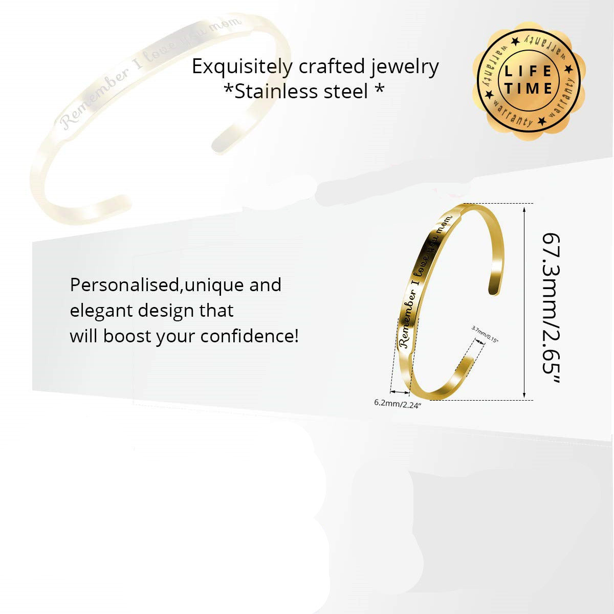 Braccialetto con ciondoli e personalizzazione incisa in acciaio inossidabile, a forma di C regolabile per donna, finitura lucida, estetica minimalista e fresca