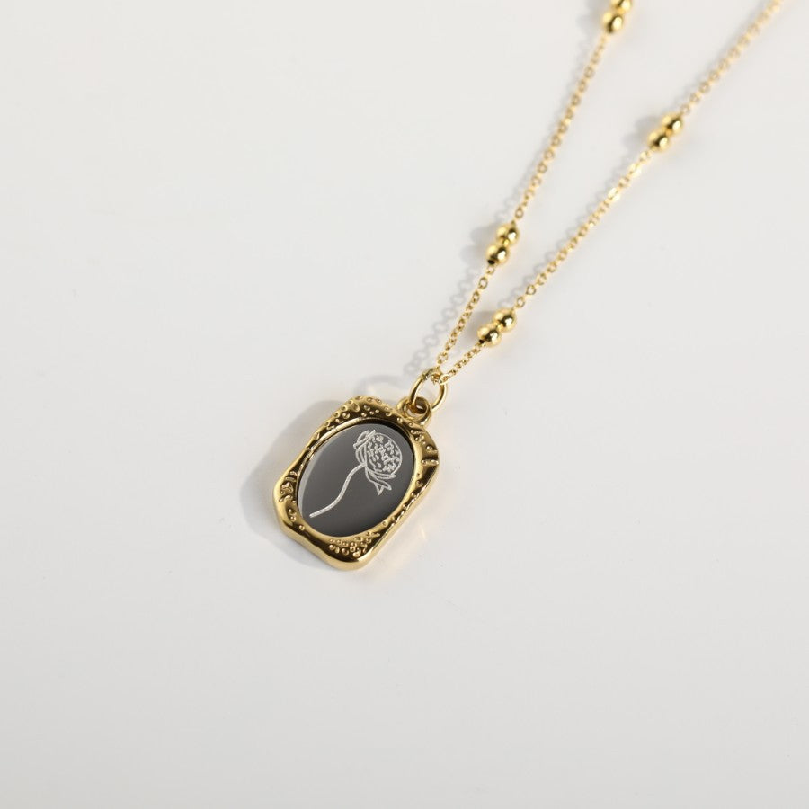 Vintage French Rose Flower Pendant Necklace 18K Gold Plated Titanium Steel Double Layer Beaded Chain