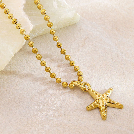 Collar con colgante de estrella de mar geométrica minimalista de acero inoxidable chapado, cadena de bolas, joyería unisex
