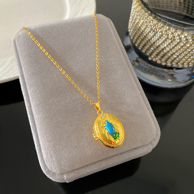 Vintage Enamel Drip Oil Oval Heart Brass Pendant Titanium Steel Necklace Cable Chain
