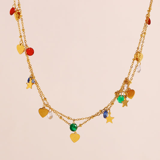 Collar de doble capa para mujer de acero inoxidable chapado en oro de 18 quilates con diseño geométrico minimalista
