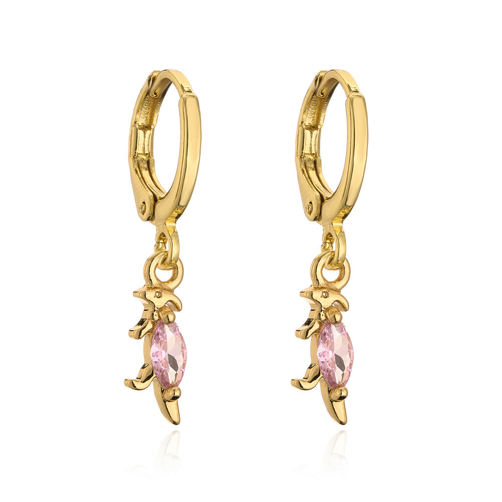 Cute Dinosaur-Shaped Earrings for Women with Copper Base and 18K Gold Plating, Micro-Paved Zirconia