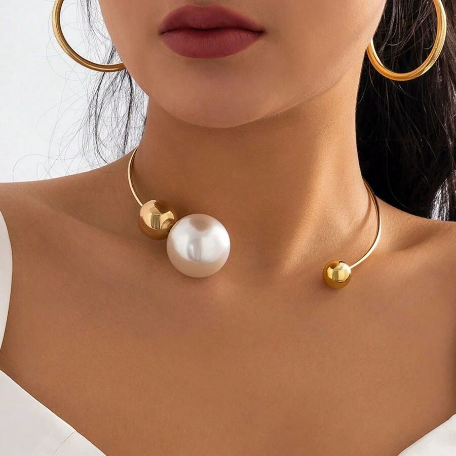 Collar de Aleación Geométrico Minimalista con Incrustación de Perlas para Mujer, Elegante Cadena para la Clavícula