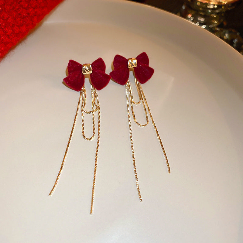 Elegant Geometric Dangle Stud Earrings for Women with Red Tassels, Alloy Base and Gold Plated Finish