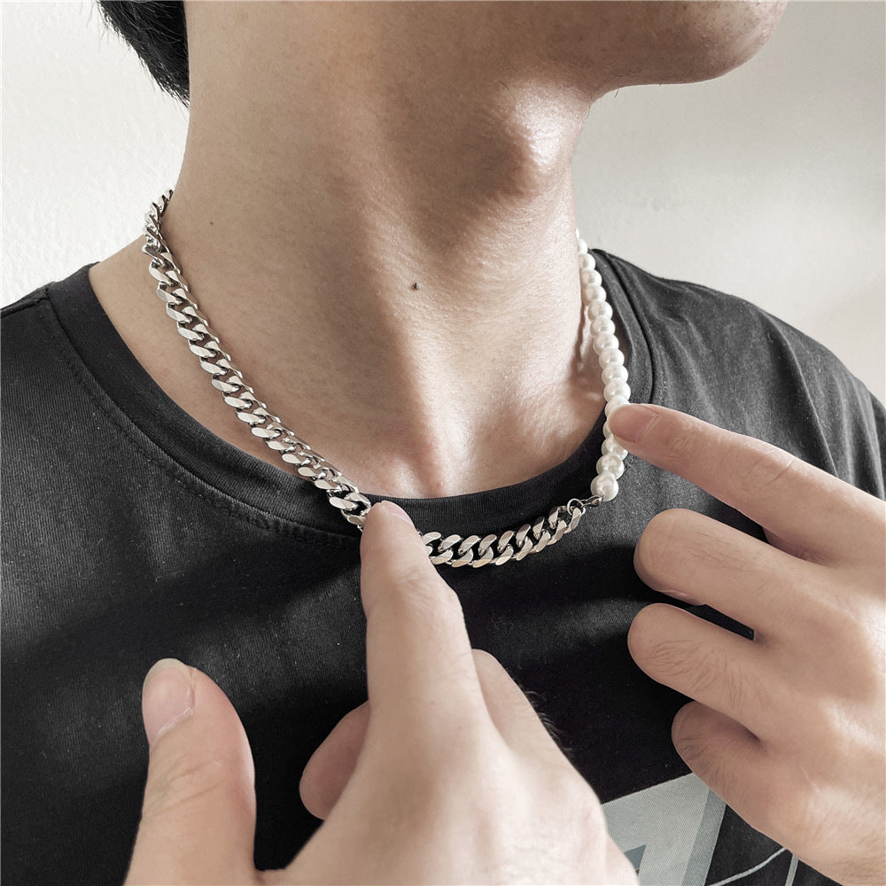 Geometric Titanium Steel Cuban Link Box Chain Necklace with Pearl Unisex