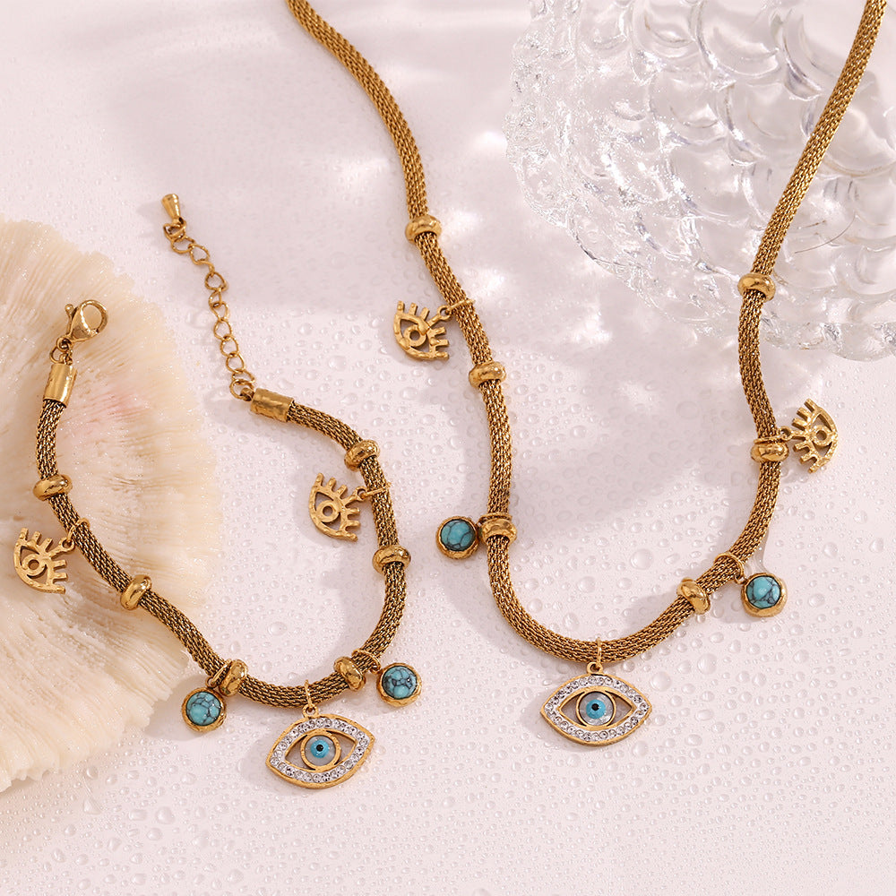 Bracciale a maglie in acciaio inossidabile placcato oro 18 carati con ciondolo a forma di occhio geometrico alla moda e collana con accento turchese da donna