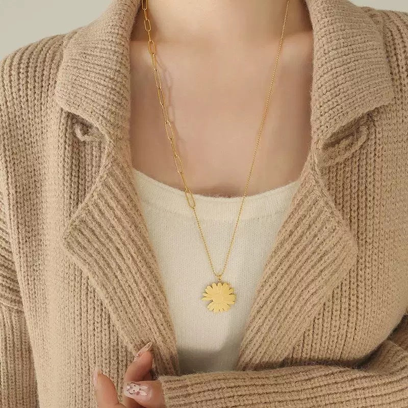 Fashion Minimalist Titanium Steel Plated Floral Daisy Sunflower Long Sweater Chain Necklace for Unisex