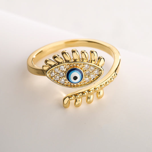 Anillo Minimalista Geométrico de Ojo Turco para Mujer en Cobre con Baño de Oro Real e Incrustaciones de Circones