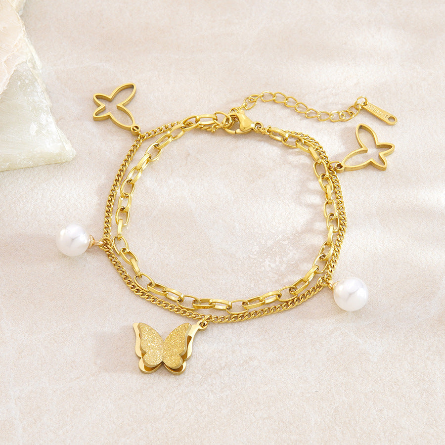 Minimalist Sweet Butterfly Geometric Stainless Steel Plated Bracelet with Pearl Double Layer Design for Women